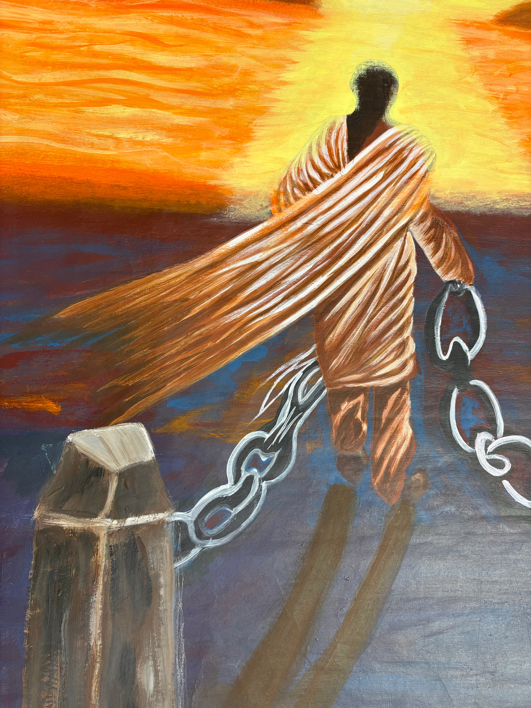 figure man breaking free chains clock sunset and ocean in orange and blues dark acrylic paint 