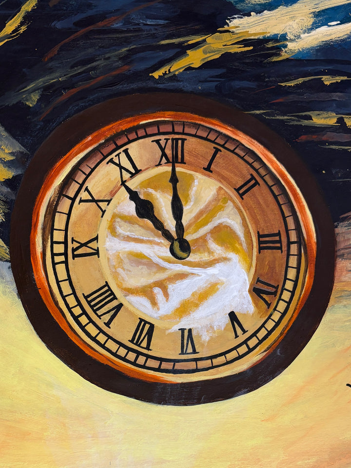 figure man breaking free chains clock sunset and ocean in orange and blues dark acrylic paint 