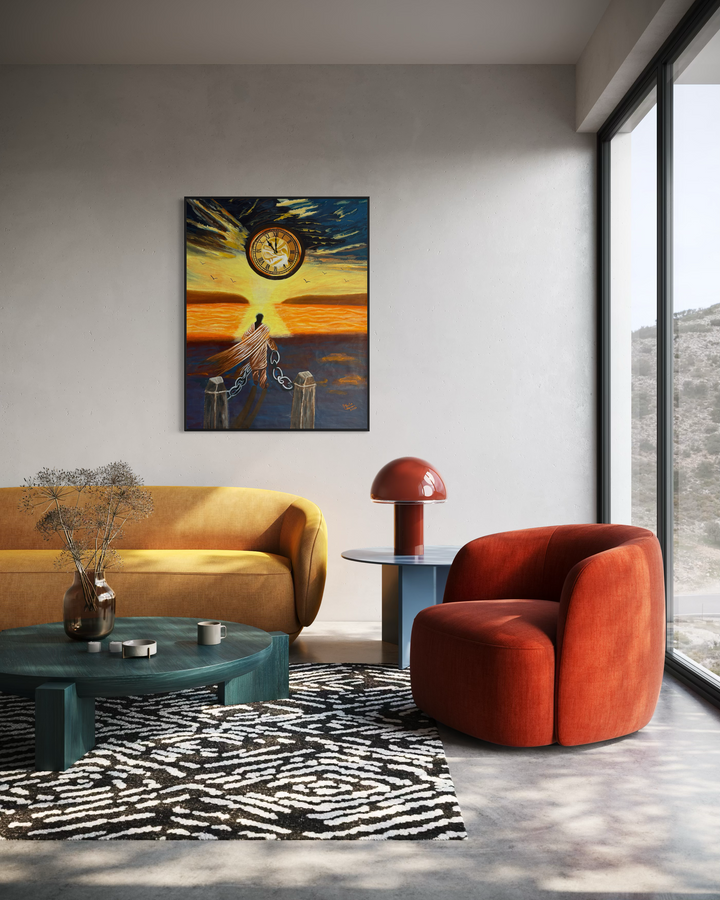 figure man breaking free chains clock sunset and ocean in orange and blues dark acrylic paint 
