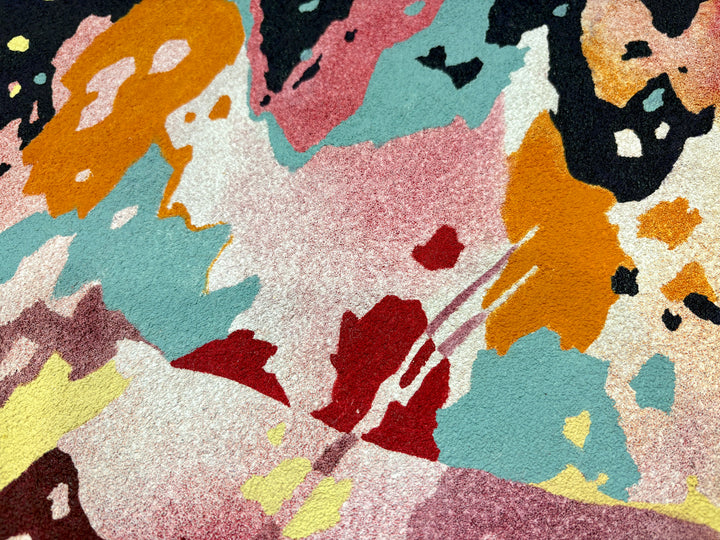 oil on pumice primed canvas abstract organic shapes gradient and opaque fire and log in pink orange red and brown with pops of bright blue 