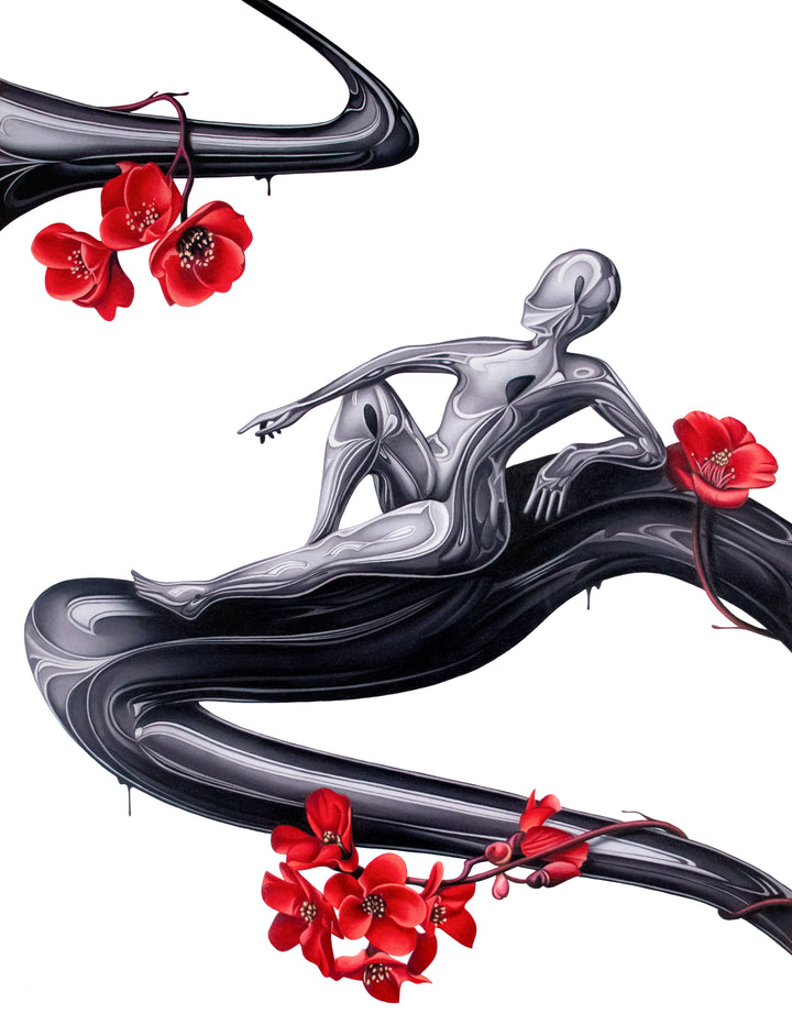 A reflective humanoid figure lounges on a flowing, black, inky structure with red cherry blossoms surrounding them, on a stark white background. Hand drawn artwork done with pencil and marker on paper.