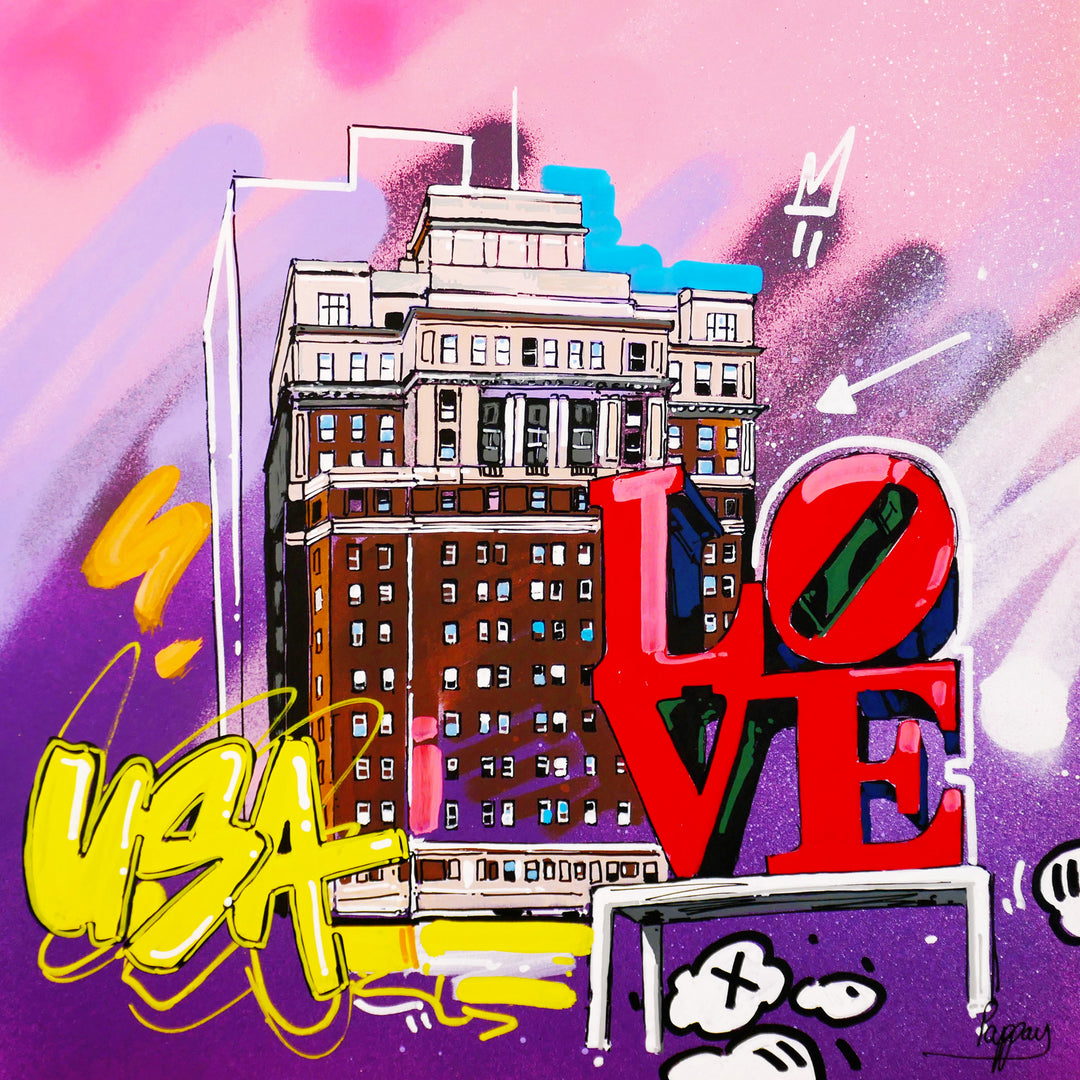graphic illustrative graffiti and buildings with love sign on purple and pink background