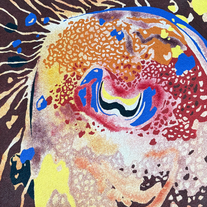 Erin Touey, Lurking, oil on pumice-primed canvas, 14 x 14 inches. Abstracted close-up of a creature&