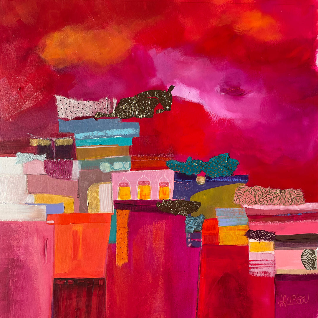 red and pink abstract landscape cut paper fabric collage with gold foil cloudy washy paint