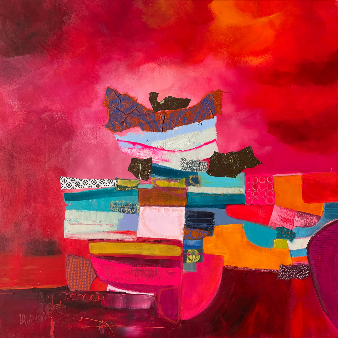 red pink cloudy acrylic paint with collaged shapes and fabric in blues and white abstract