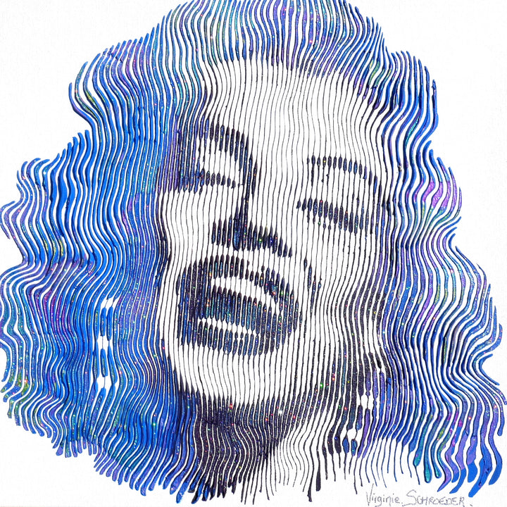 Marilyn Monroe female portrait in blue vertical lines optical illusion on white background