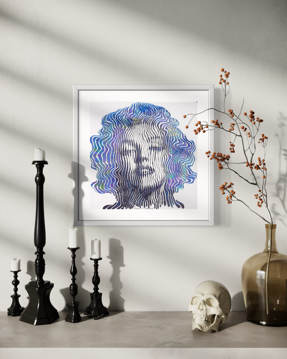Marilyn Monroe portrait figurative painting in blue green and purple squiggle lines vertical on white background