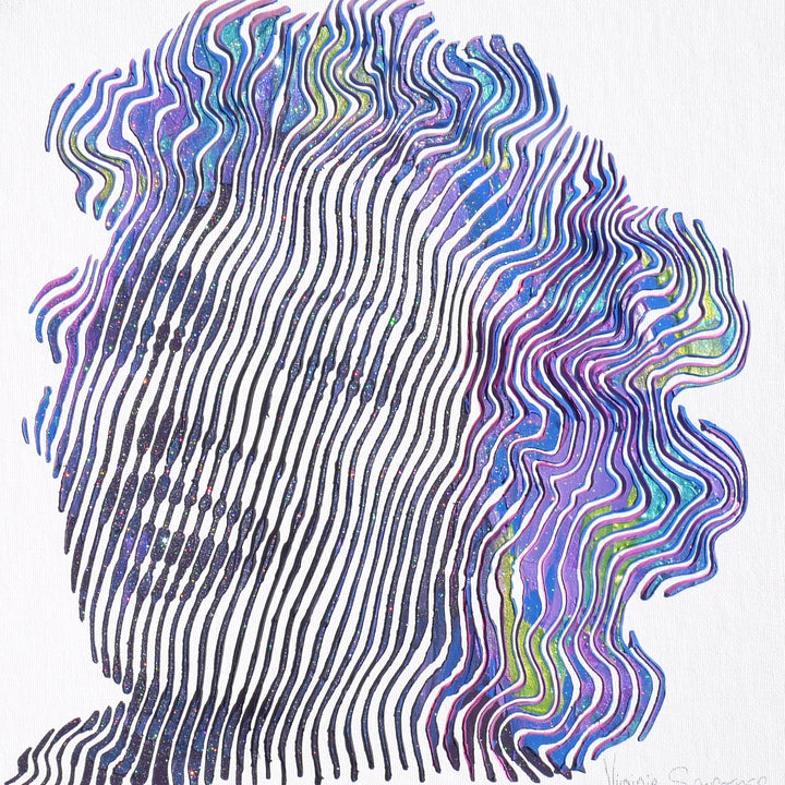 Marilyn Monroe smiling portrait figurative woman in blue green and purple vertical and squiggly lines on white background