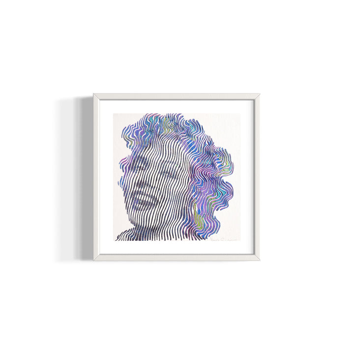 Marilyn Monroe smiling portrait figurative woman in blue green and purple vertical and squiggly lines on white background
