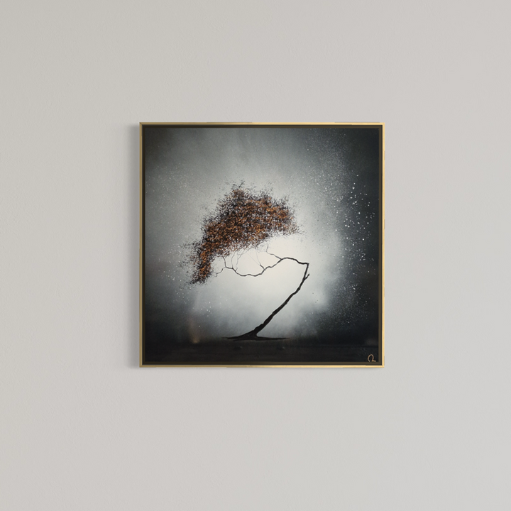 Julien Rey, Ma Provence, lacquer and gold leaf on board, 31 x 31 inches, framed in a thin gold frame and displayed on a plain wall.