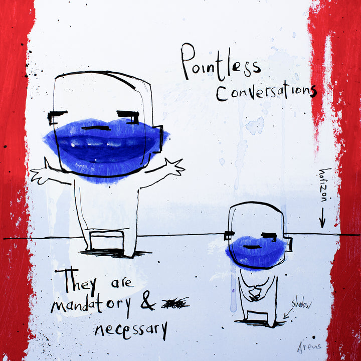 two sketched doodle figures with blue realistic moth lips and teeth, hand written text and red expressive paint swatches on both right and left with white background