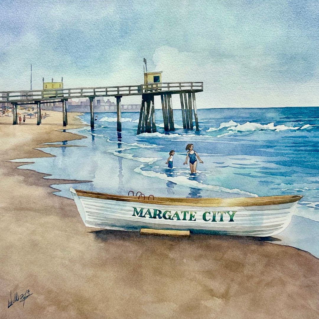 Watercolor of Margate City Beach with two children playing in the ocean