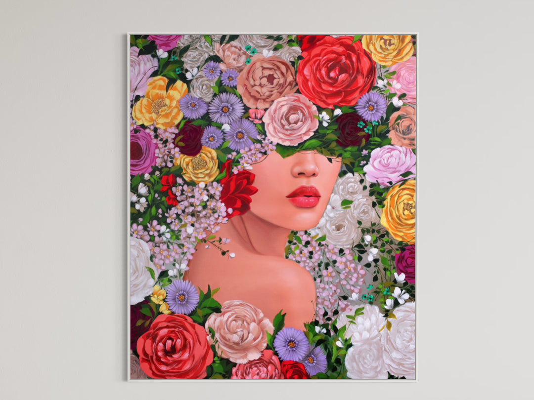 58"W x 70"H Acrylic portrait on canvas. Woman looking over her shoulder with flowers covering the top half of her face and making up the background. 