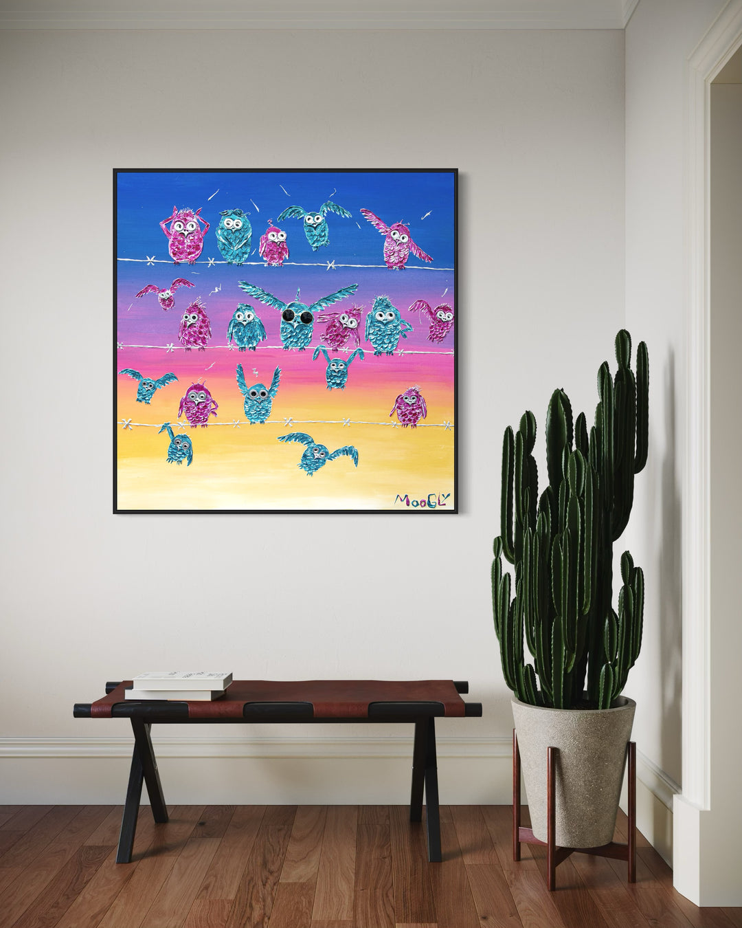 48" x 48" acrylic on canvas painting of pink and blue birds on barbed wire over a yellow-pink-blue gradient background. 