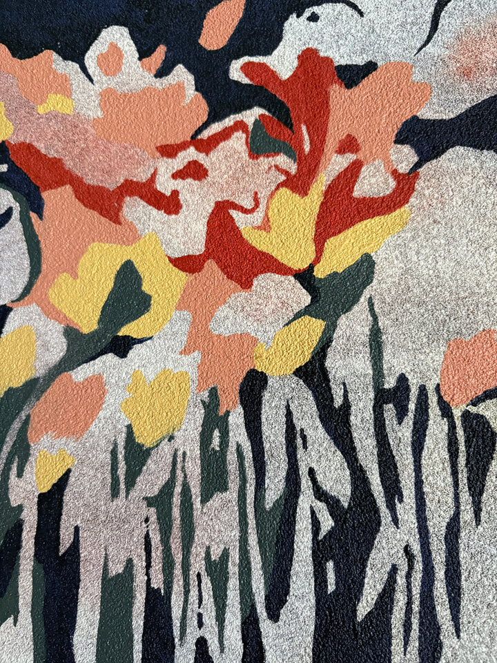 Abstract organic pumice painting in oil paint by local female artist floral landscape natural shapes textures abstracted negative space line weight gradient of color blues greens and red yellow petal shapes