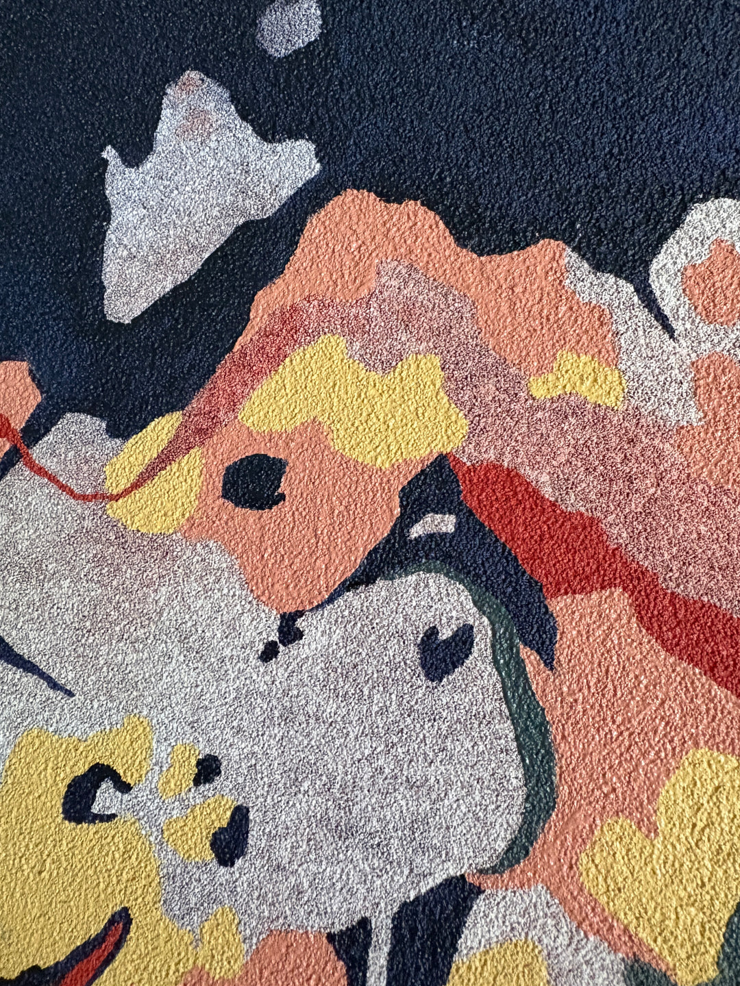 Abstract organic pumice painting in oil paint by local female artist floral landscape natural shapes textures abstracted negative space line weight gradient of color blues greens and red yellow petal shapes