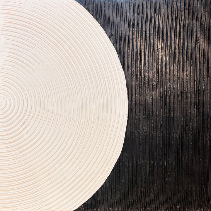 Lee in Cerulean, Monochrome Duo, joint compound and acrylic paint on canvas, 40 x 40 inches each (40 x 80 inches together). Detail of the right panel: a cream semicircle of concentric raised ridges against a black field of vertical ridges.