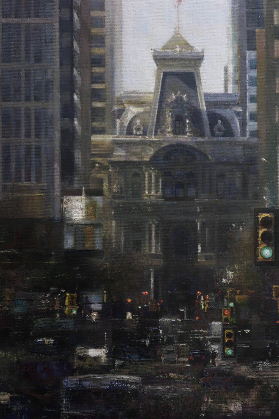 broad street center city downtown phildelphia landscape traffic street scene abstract realism grey muted tones in oil paint