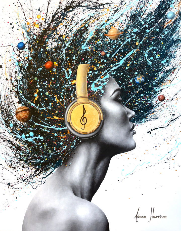 realistic woman flipping hair with headphones musical splatter expressionist painting portrait black and white planets blue on white background