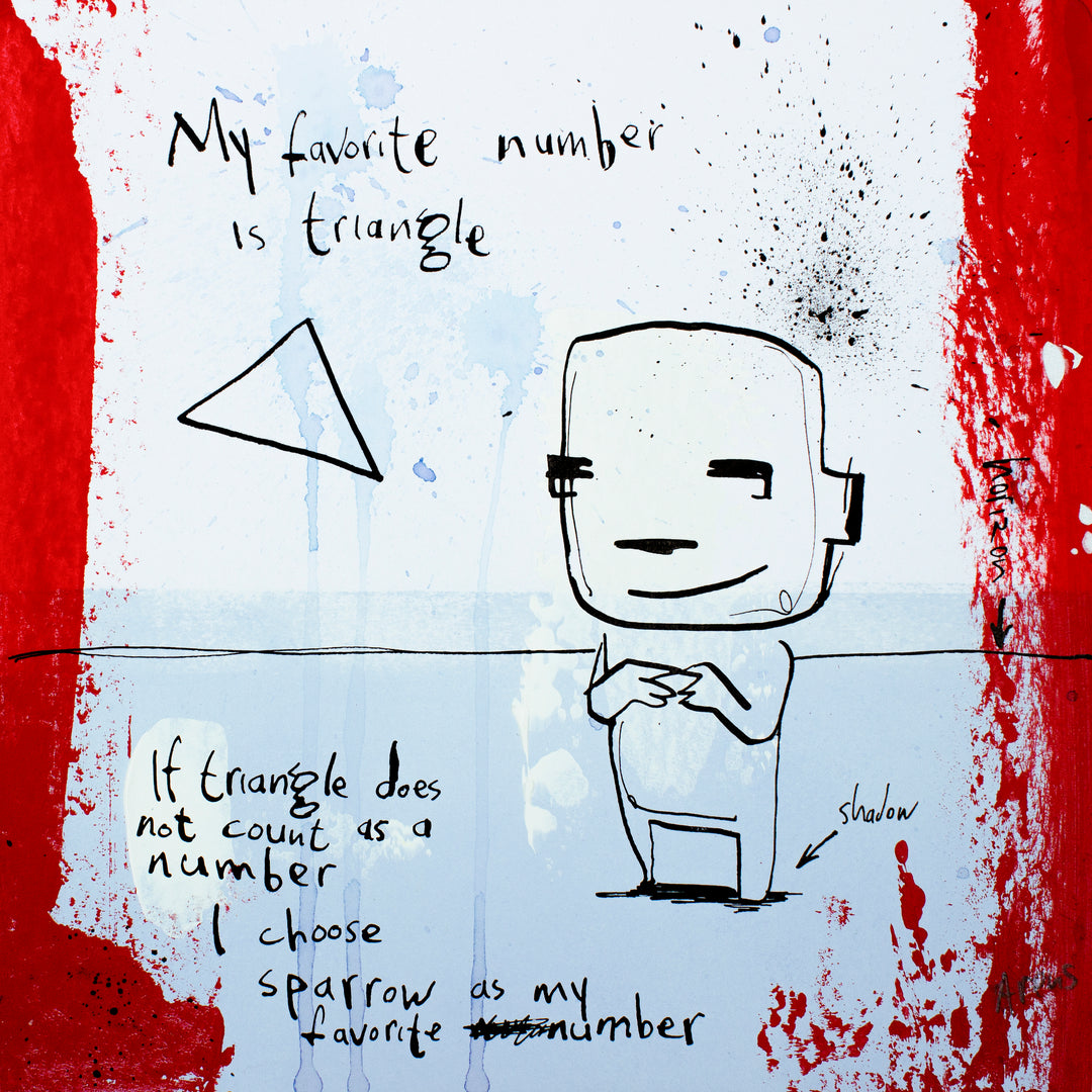 doodled sketched figure character smiling and twidling fingers, standing with triangle and handwritten text, ink splatters, on red and blue background