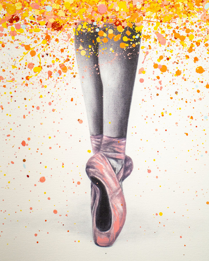 black and white realism ballerina figure posing with pink yellow red and orange paint splatter tutu on white background