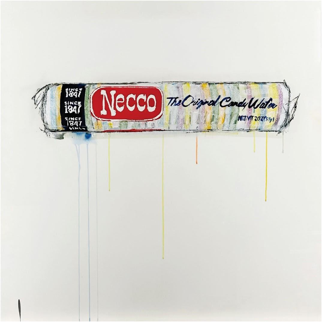 Rainbow Necco wafer dripping down color onto white background