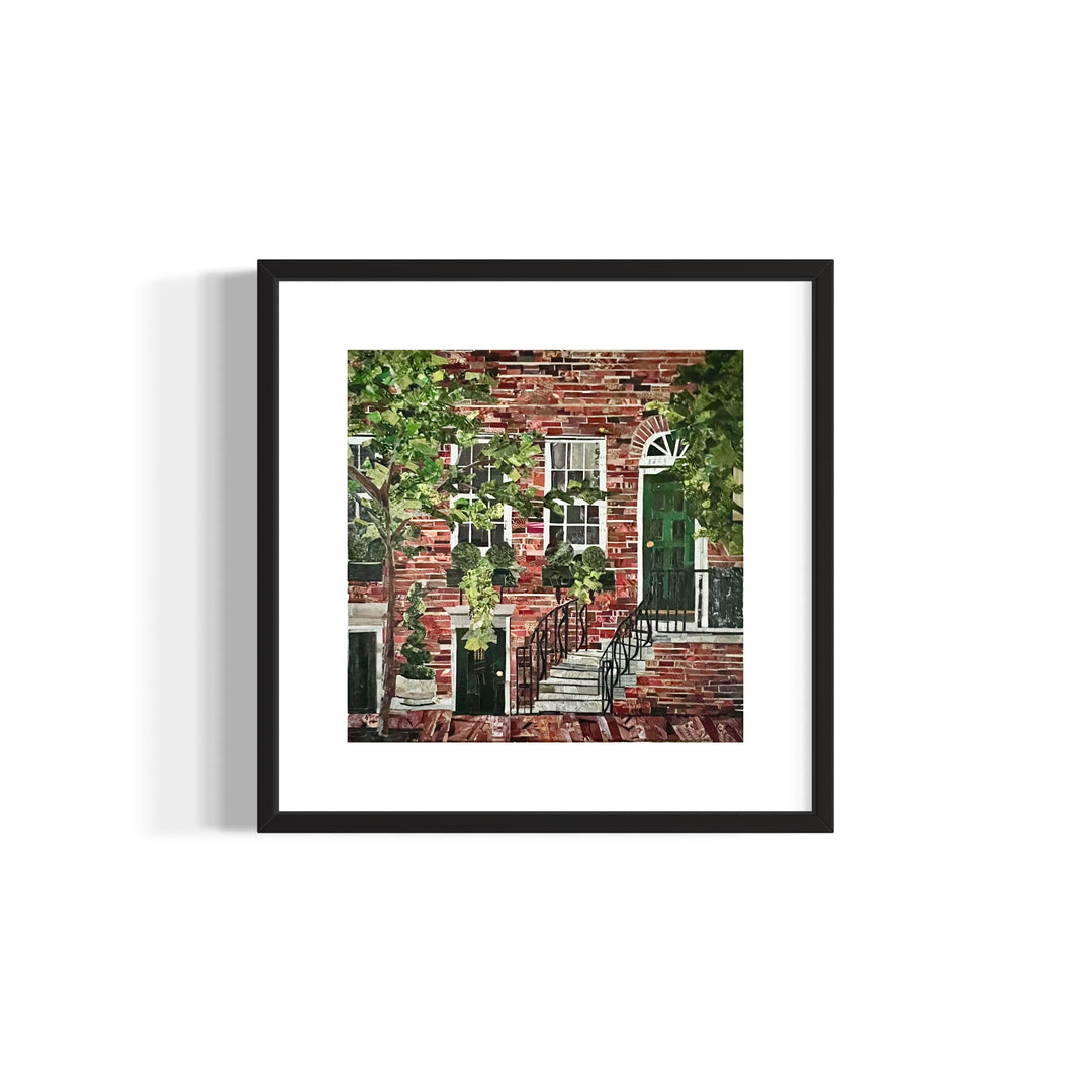 14 x 14" original artwork in a 17" white window matting collage of a red brick home on a Philly street. 