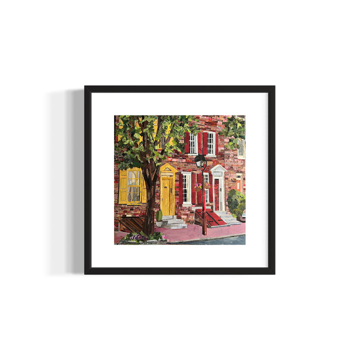 14 x 14" original artwork in a 17" white window matting collage of red brick houses on a Philly city street. 