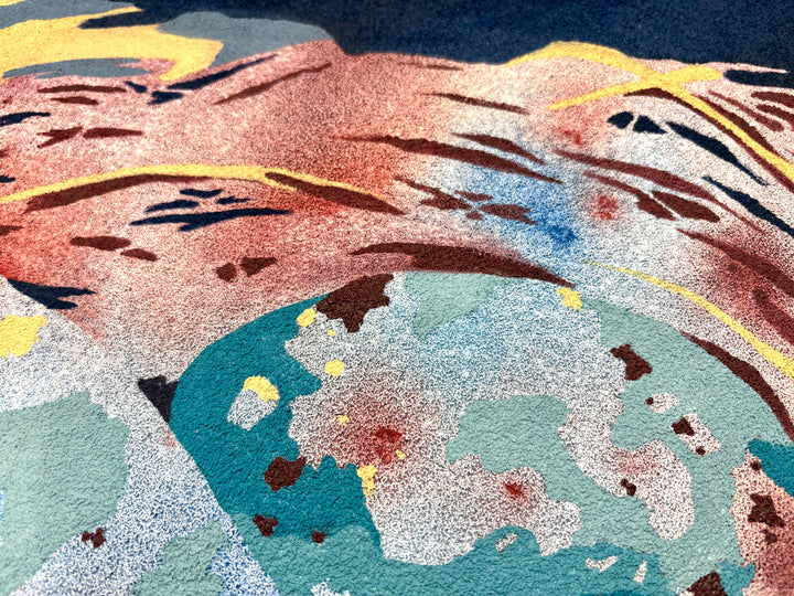 oil on pumice primed canvas abstract organic shapes gradient and opaque speckled eggs in blue and brown in twisted nest 