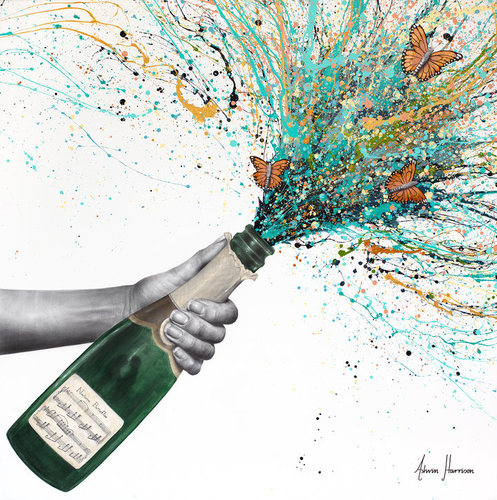 Ashvin Harrison, Nocturne Butterflies, coconut charcoal dust and acrylic on canvas, 36 x 36 inches. A grey charcoal-drawn arm and hand holding open a green champagne bottle with a label of handwritten sheet music, as a spray of turquoise, gold, peach and black paint splatters bursts from the neck carrying three orange monarch butterflies across a white background.