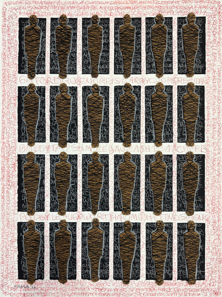 24 figures in grid form mixed media tied in string constraint black square boxes and red scribble writing names text around border on white background