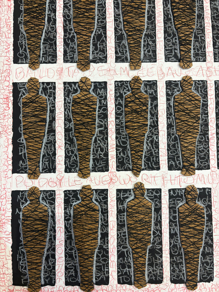 24 figures in grid form mixed media tied in string constraint black square boxes and red scribble writing names text around border on white background