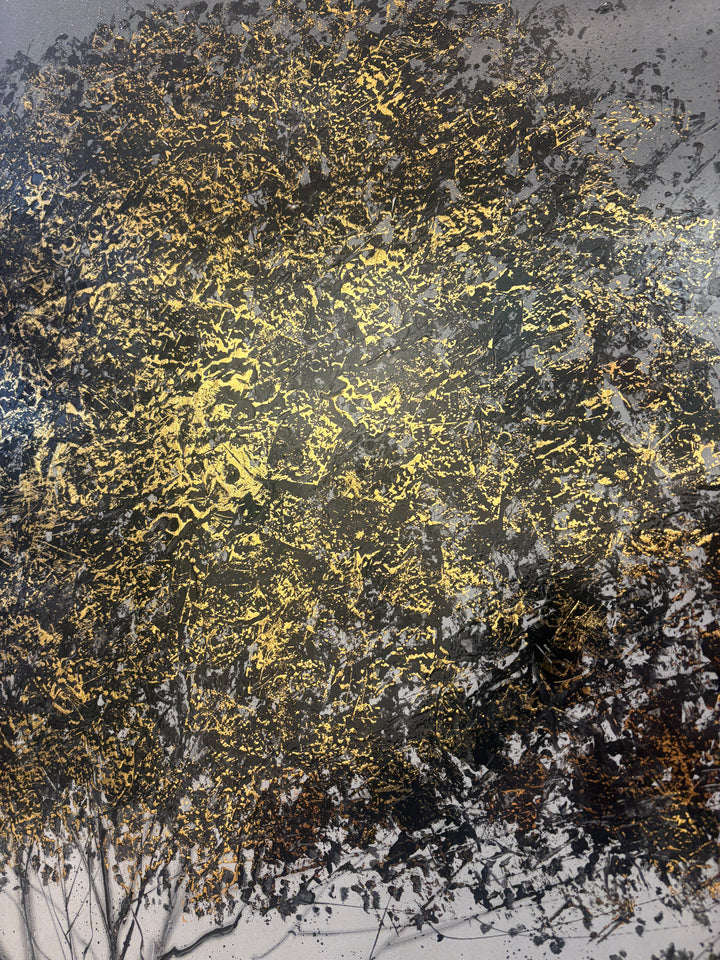 minimal tree in black white and grey lacquer with gold leaf detail accenting leafs light reflection trunk on smooth gradient background