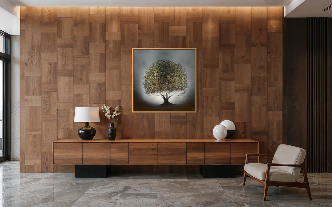 minimal tree in black white and grey lacquer with gold leaf detail accenting leafs light reflection trunk on smooth gradient background