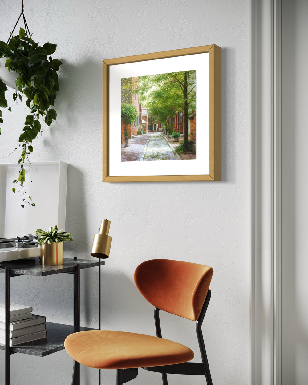 summer day shadows poking through trees philadelphia red brick stone alley way green trees and bushes potted plants in oil landscape painting