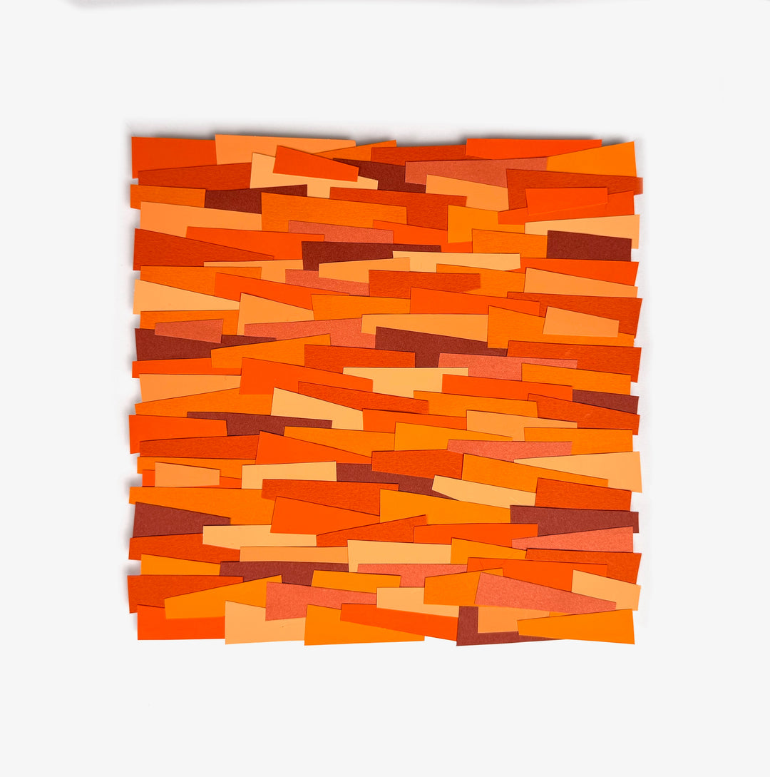 orange shades in light and dark cut paper collage strips in square shape
