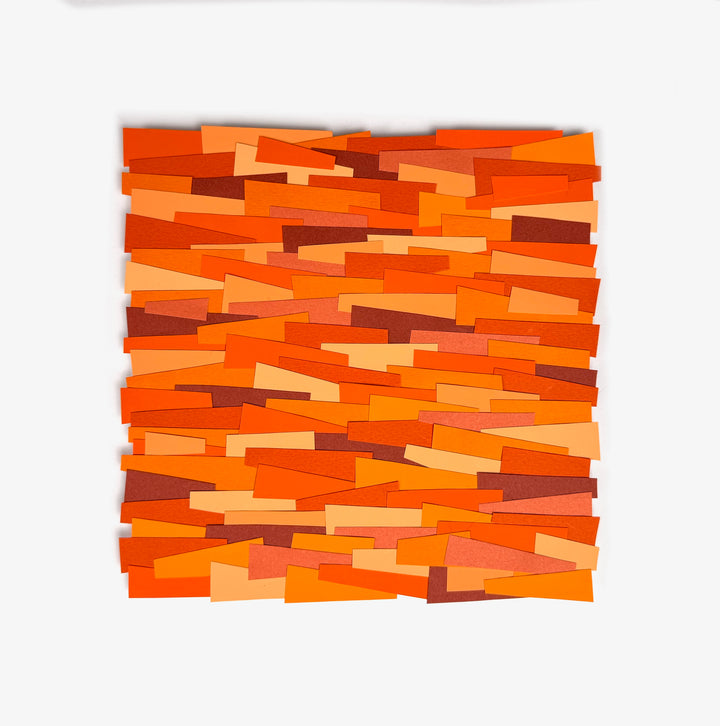 orange shades in light and dark cut paper collage strips in square shape