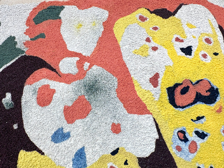 oil on pumice primed canvas abstract organic shapes gradient and opaque yellow spotted orchid flower petals with green and pink splotchy background