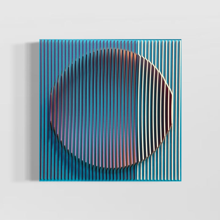 blue vertical 3 dimensional stripes with circular shape in center optical illusion convex concave sculpture when viewed straight on blue when turned to side orange