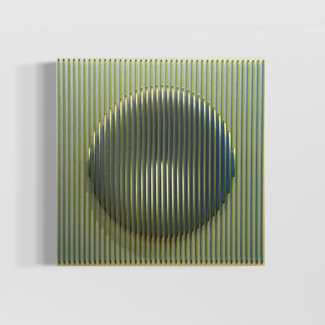 vertical green stripes with 3 dimensional circular shape emerging from center, when viewed from side ridges are blue optical illusion geometric abstraction sculpture