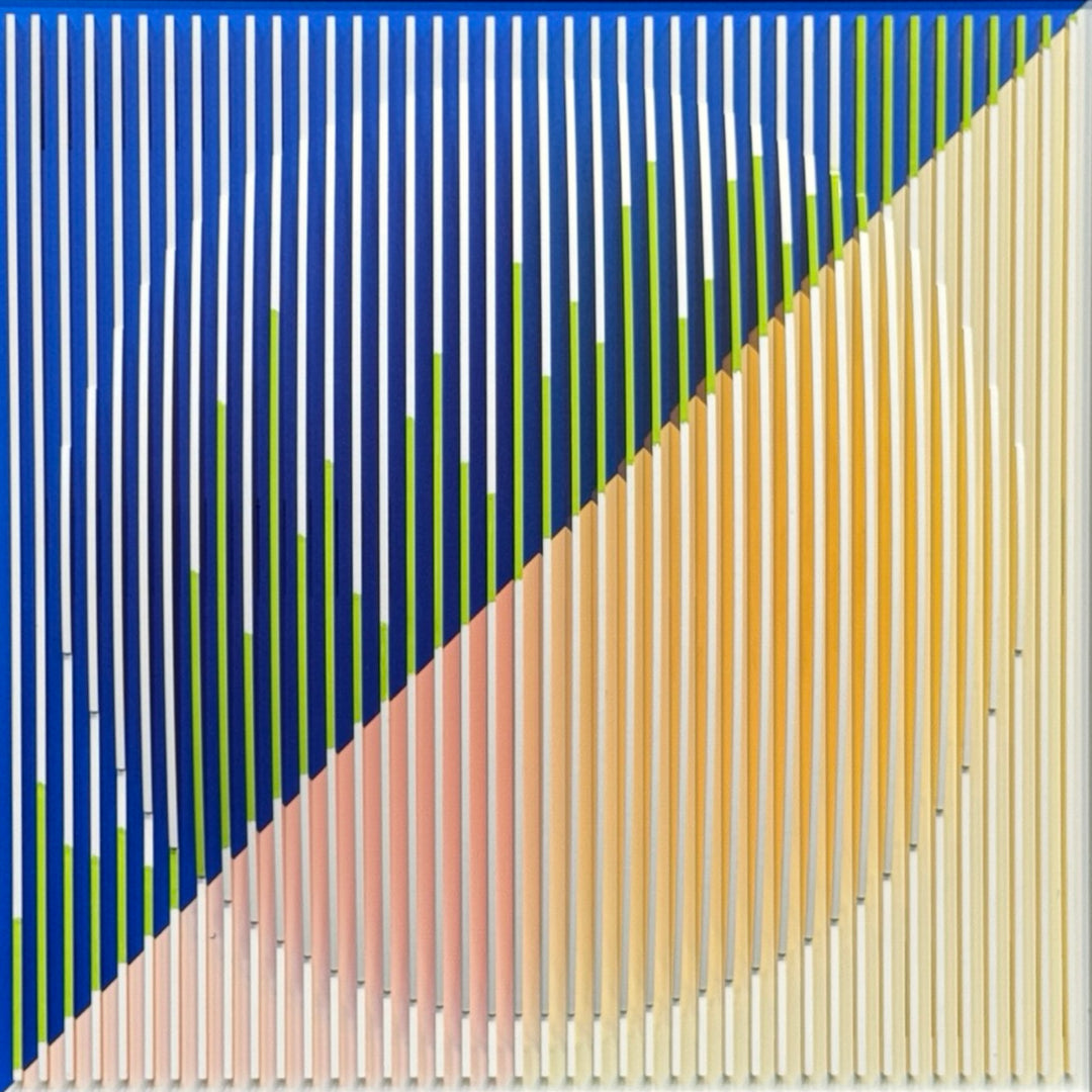 optical illusion line art sculptural plexiglass and acrylic abstract geometric wall hanging in orange pink blue and green with vertical stripes