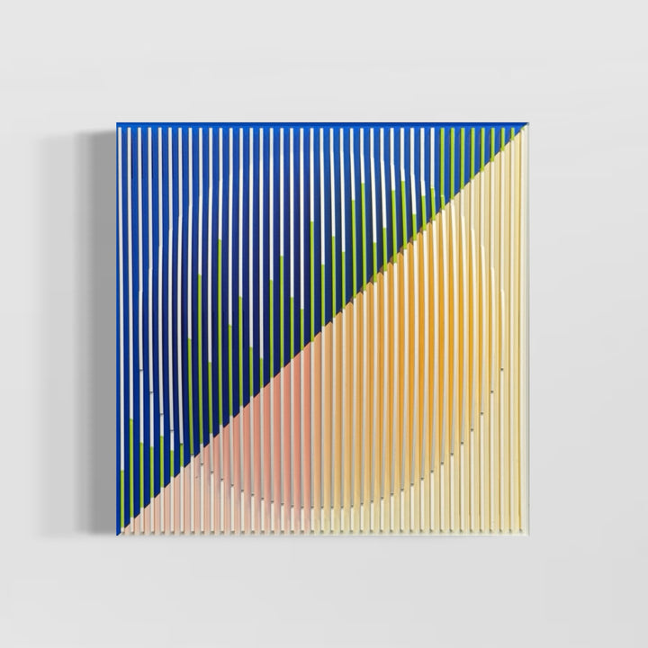 optical illusion line art sculptural plexiglass and acrylic abstract geometric wall hanging in orange pink blue and green with vertical stripes