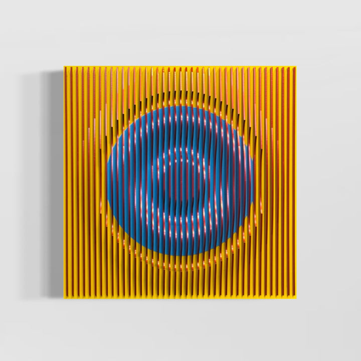 vertical stripes plexiglass abstract geometric with yellow and orange in back and pulsing round circular middle in blue when viewed at angle mostly red