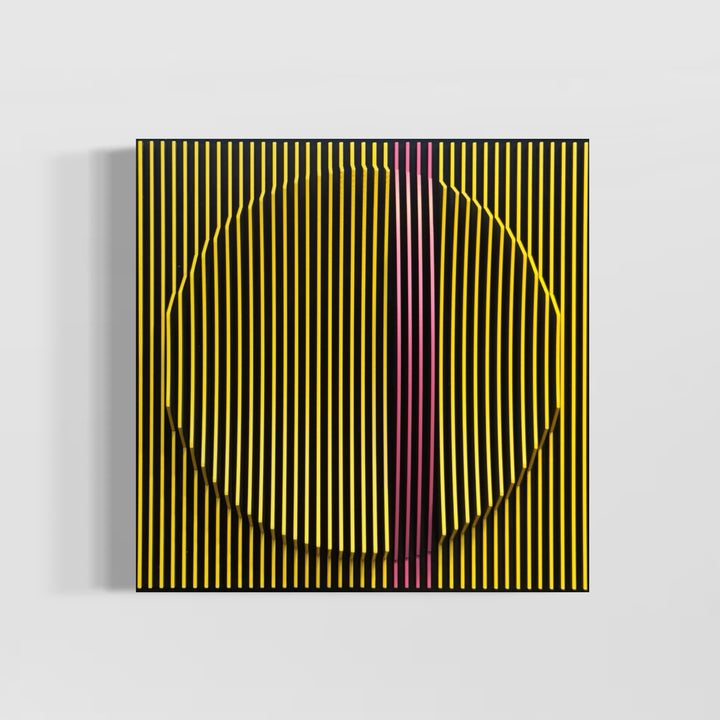 vertical stripes in black and yellow with circle in center offset optical illusion stripes with pink purple stripe down the middle