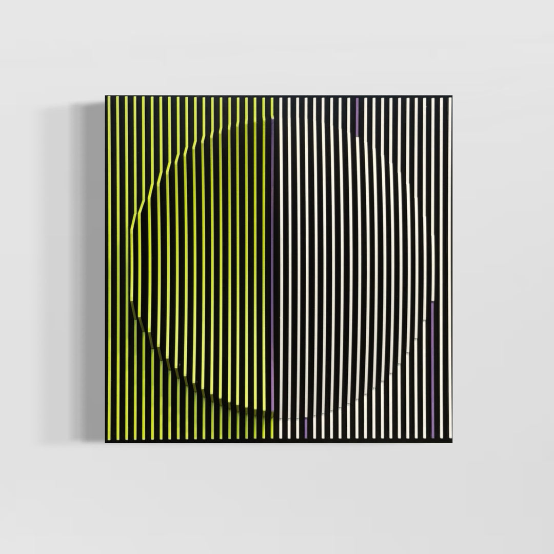 vertical stripes in black and yellow transitioning to white and black with random lines of purple optical illusion 3d texture geometric abstraction