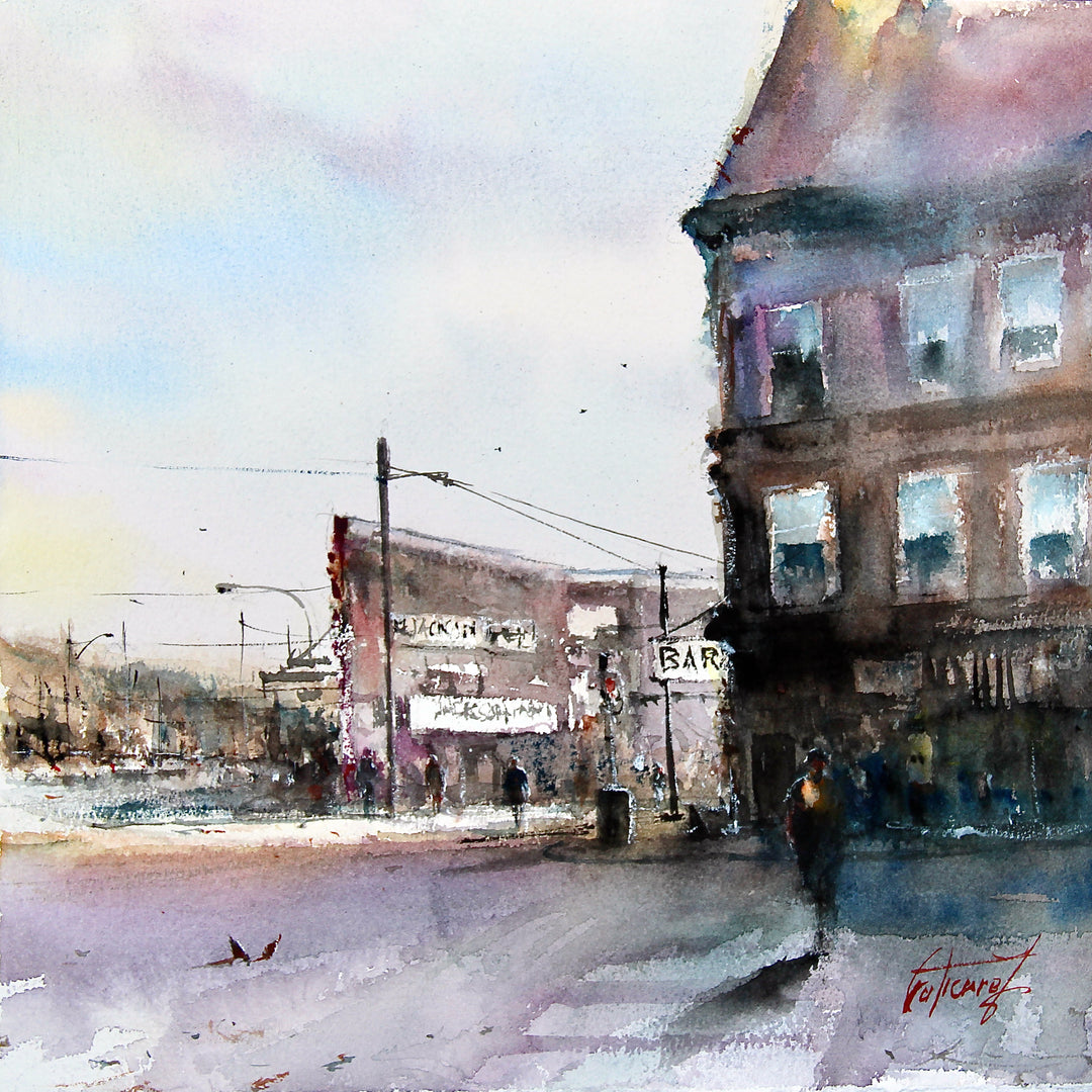 wasy watercolor painting with browns purples and blues street corner with bar to right street signs and telephone wires