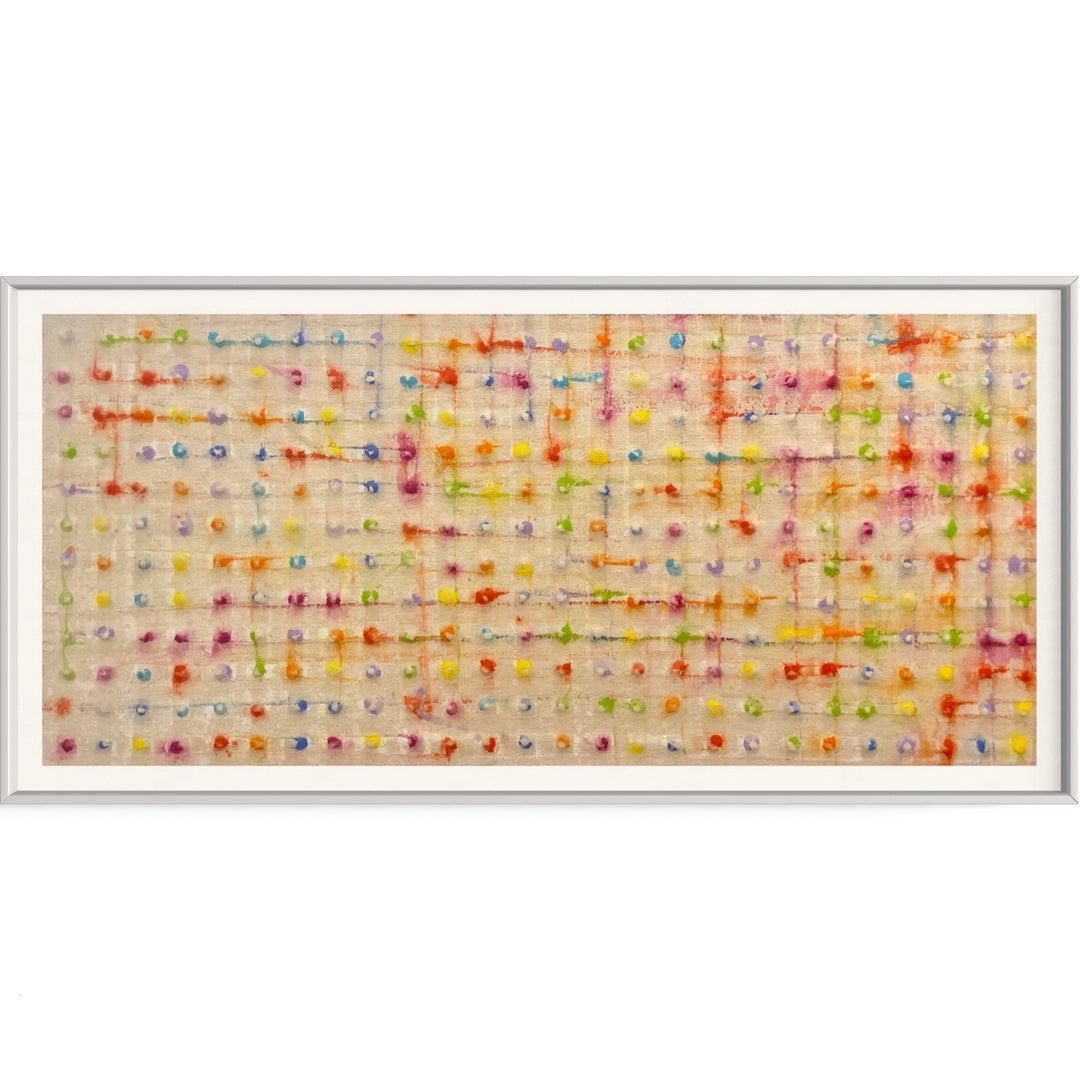 raw sailcloth fabric with dots in grid pattern in rainbow colors, pigment bleeding and blending