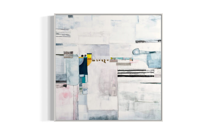 Lau Blou 48" x 48" Paradis blanc white abstract painting, geometric snowy white shapes with some gold leaf, feminine