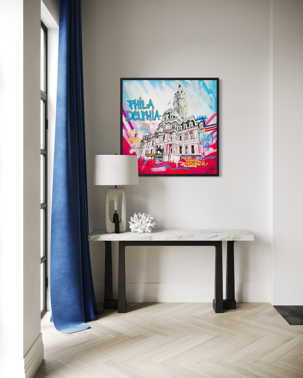 "Penn Square" by Pappay — a vibrant street art-inspired painting on canvas depicting Philadelphia City Hall surrounded by explosive neon pink, blue, and red graffiti lettering reading "Philadelphia," "Penn Square," "July 4," and "USA" against a vivid spray-painted background. A bold, energetic celebration of Philadelphia's iconic landmark and American identity. Original contemporary Philadelphia street art pop art painting on canvas available at Morton Contemporary gallery.