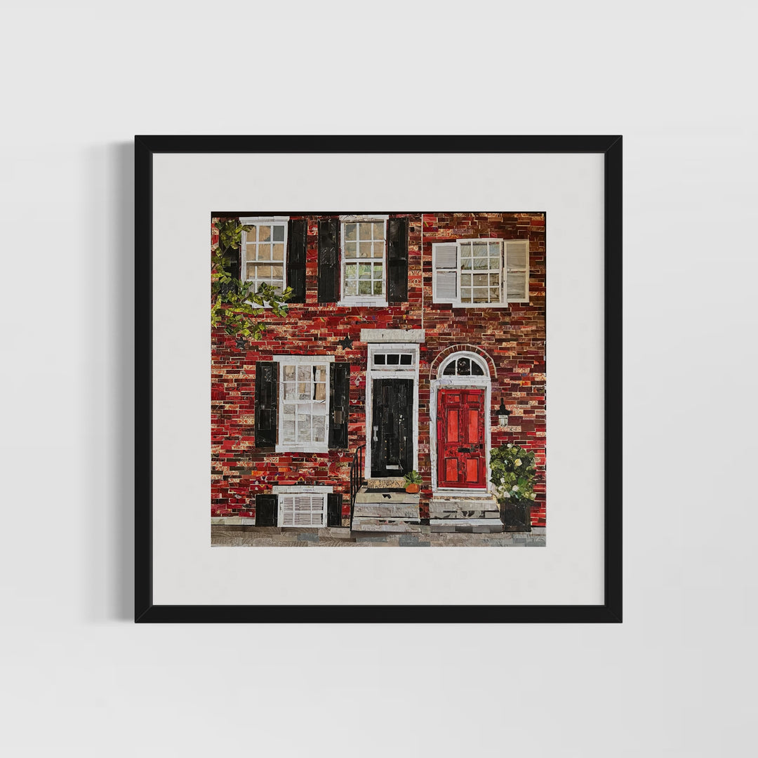 17" x 17" torn paper collage on canvas by Chrissy McIntyre. Artwork of red brick rowhomes in Philadelphia, featuring window panels and stoops.
